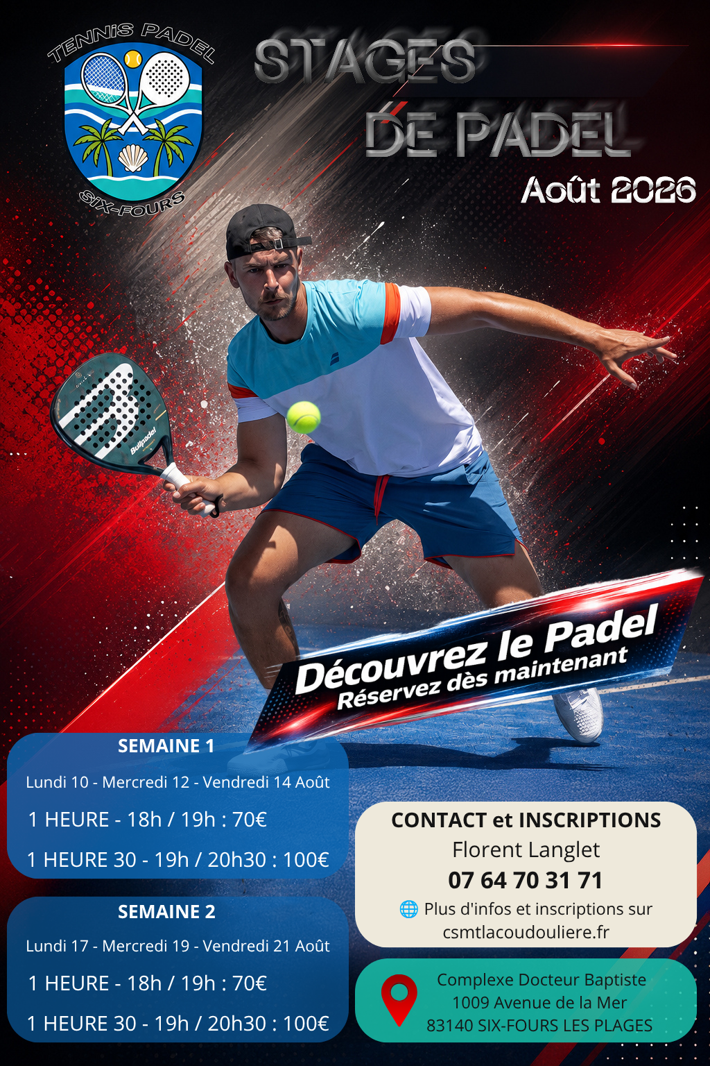 Affiche officielle du stage padel d'août 2026